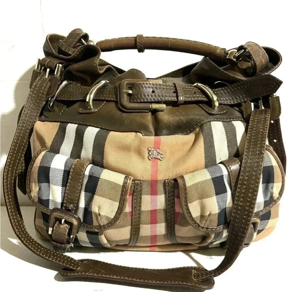 Burberry brown leather house check canvas monogram handbag - Picture 10 of 11